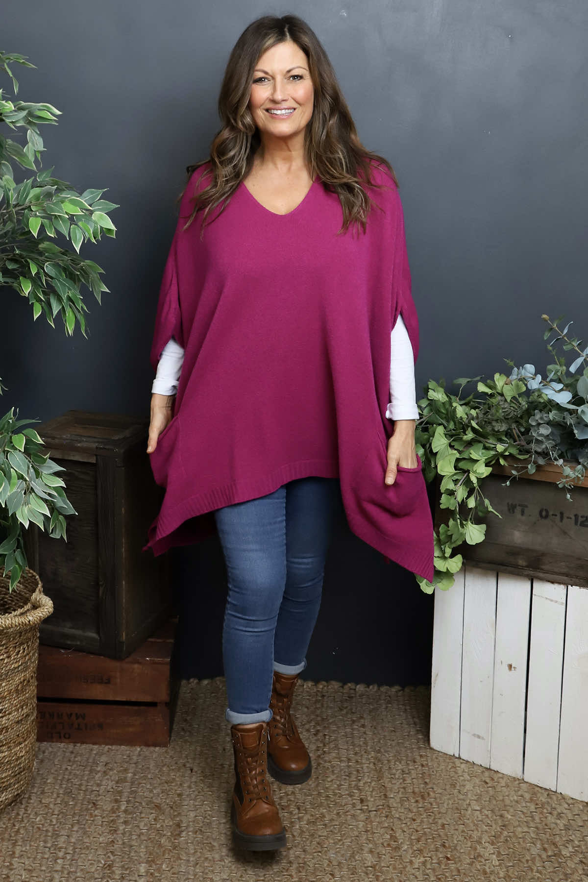 Ellie V-Neck Poncho Jumper Berry