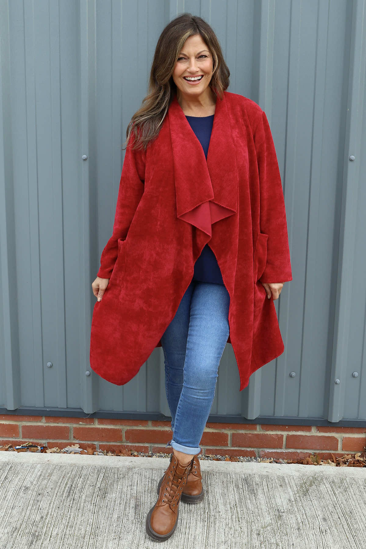 Dorothy Cord Waterfall Cardigan Wine