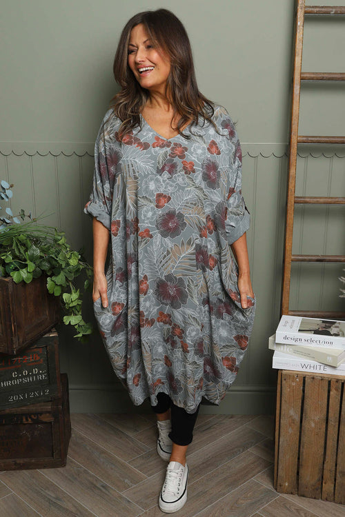 Ayla Floral V-Neck Dress Mid Grey - Image 1