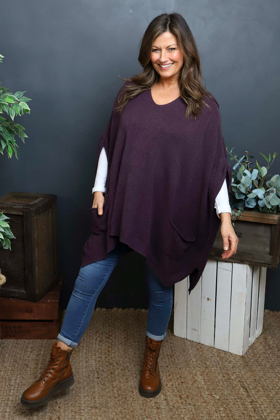 Purple Ellie V-Neck Poncho Jumper UK Made In Italy Kit and