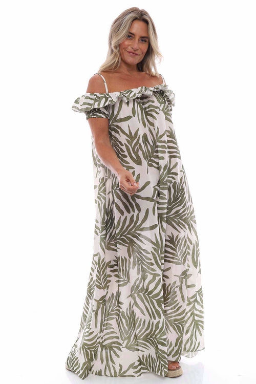 Kapilla Leaf Print Cotton Dress Khaki