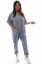 Johari Short Sleeve Linen Boilersuit Mid Grey Mid Grey - Johari Short Sleeve Linen Boilersuit Mid Grey