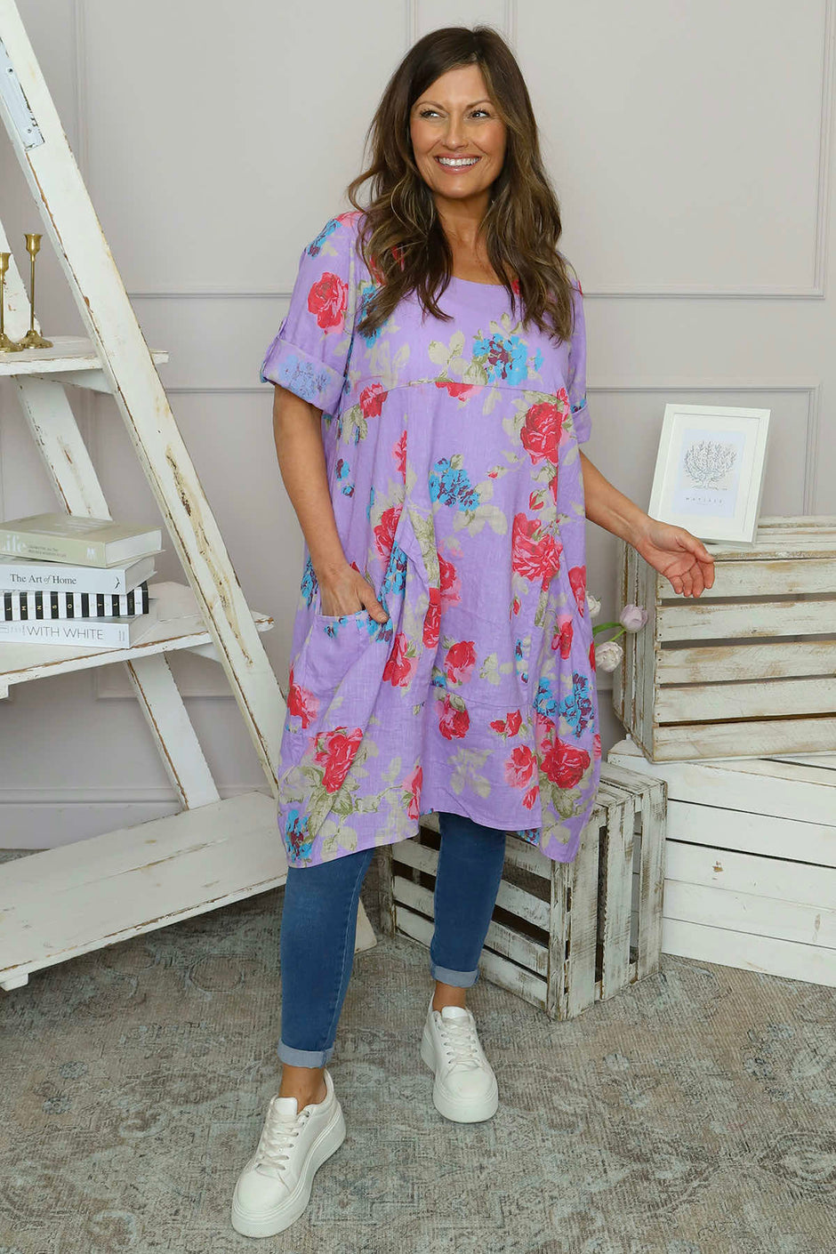 Jolee Floral Print Linen Dress Lilac