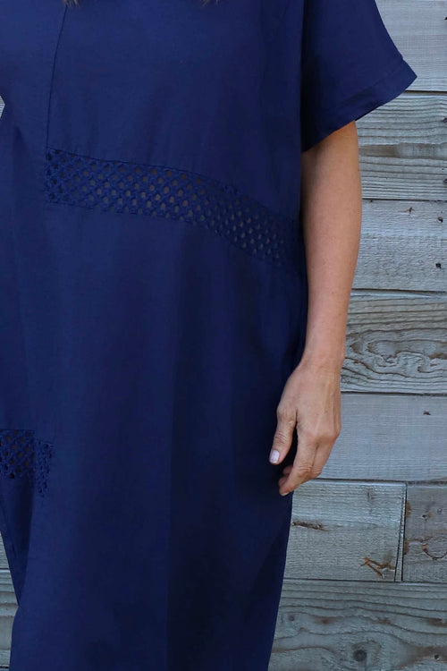 Felicia Crochet Detail Linen Dress Navy - Image 3