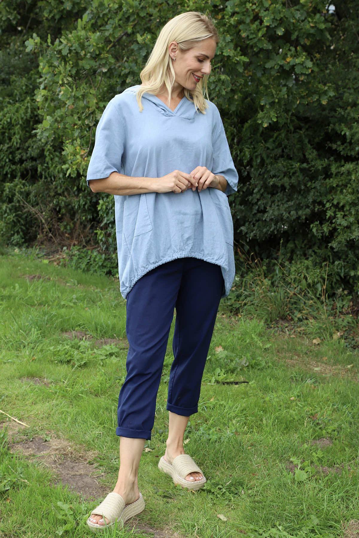 Linda Hooded Linen Top Blue