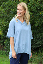Linda Hooded Linen Top Blue Blue - Linda Hooded Linen Top Blue