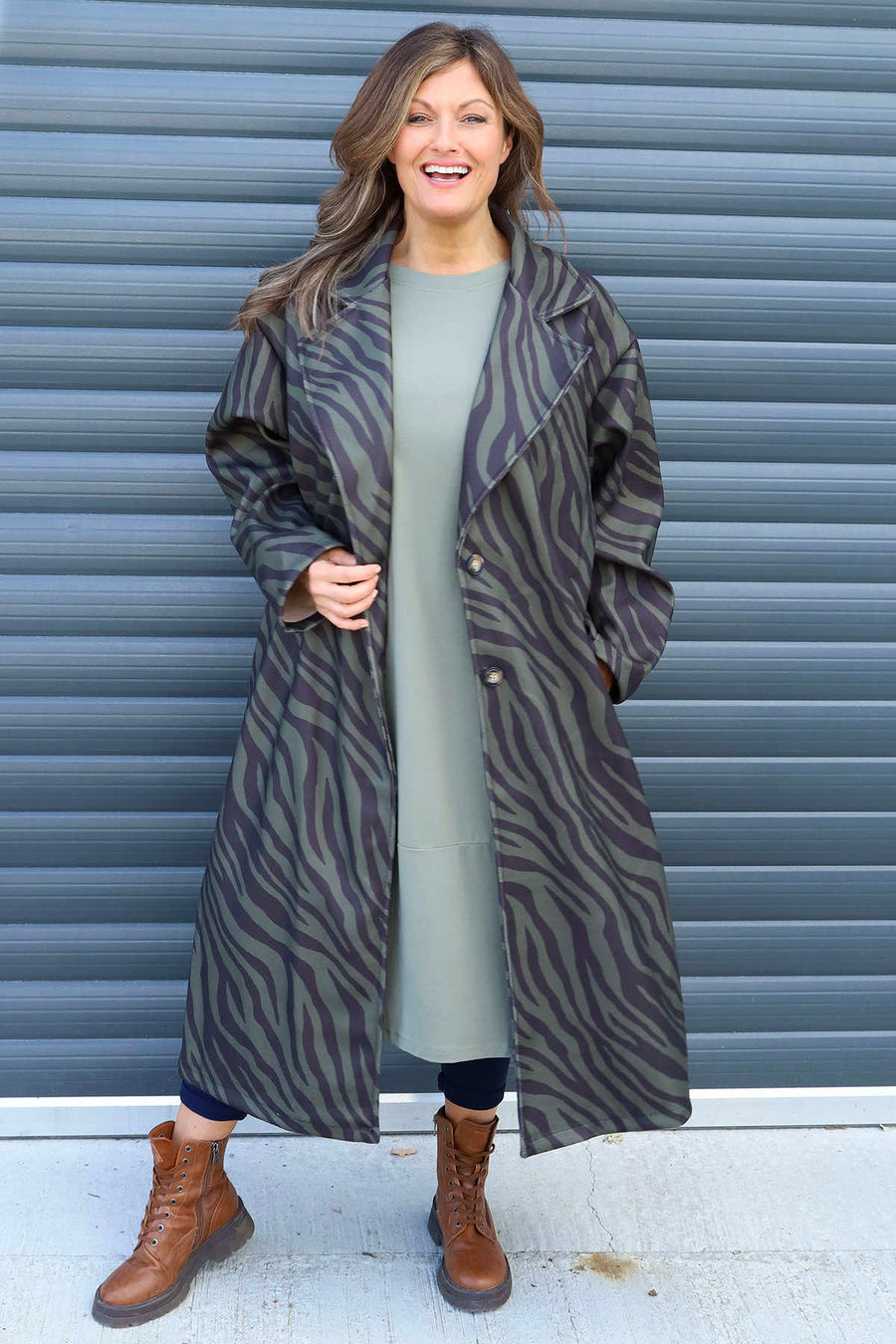 Jenna Zebra Print Coat Khaki