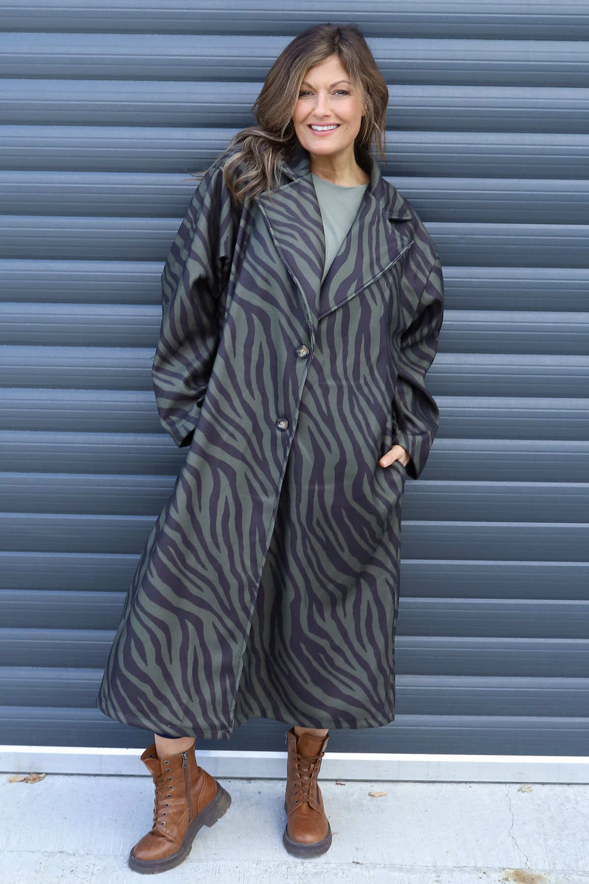 Jenna Zebra Print Coat Khaki