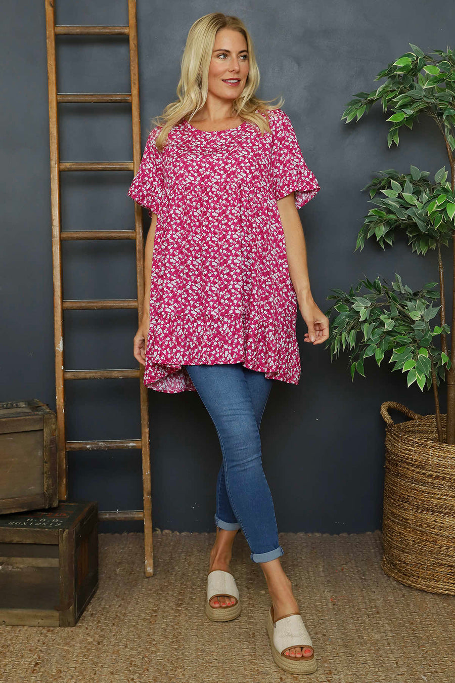Pamber Ditsy Print Tunic Fuchsia