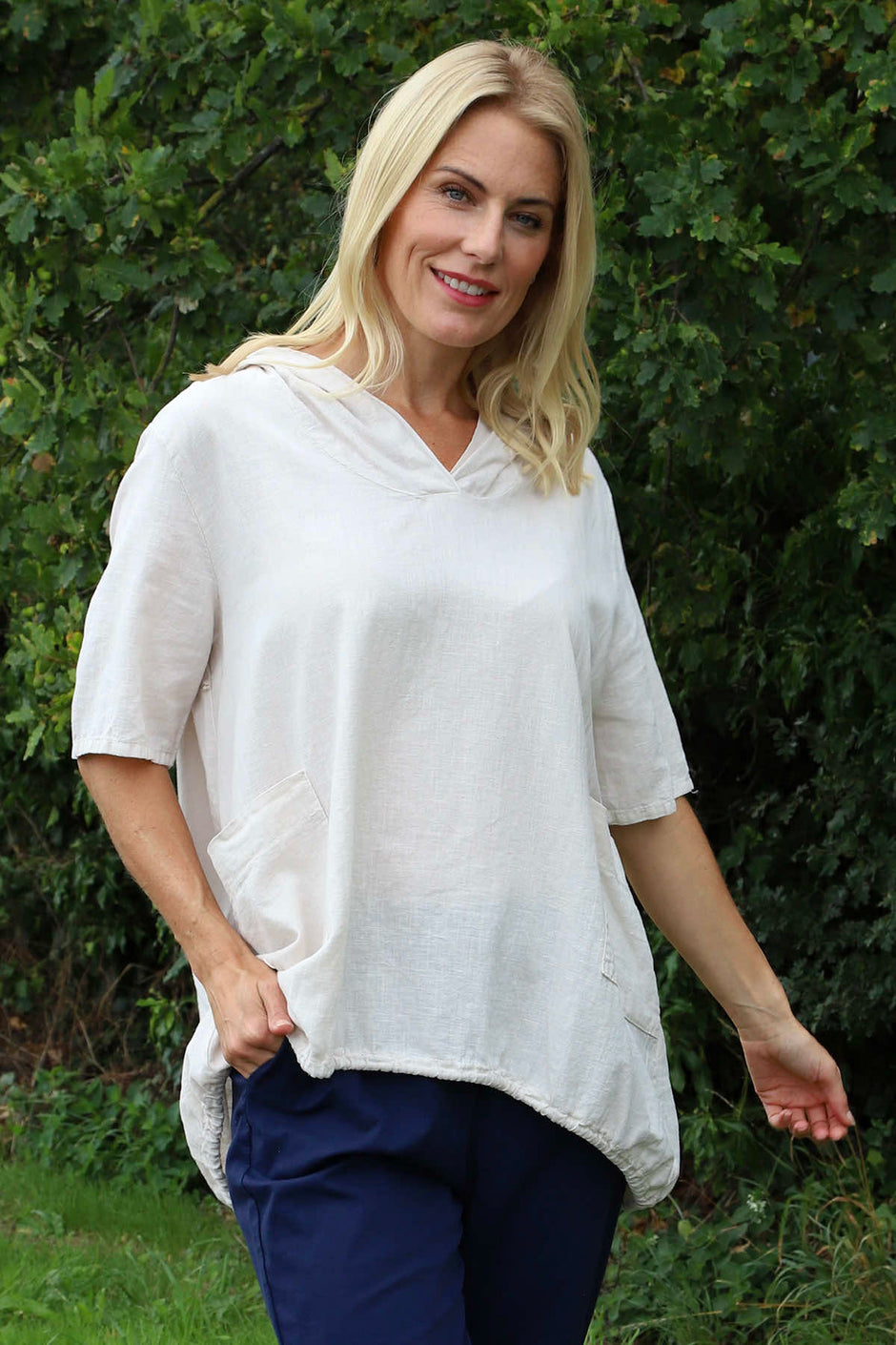 Linda Hooded Linen Top Stone