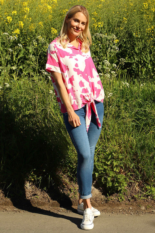 Edna Print Tie Shirt Fuchsia