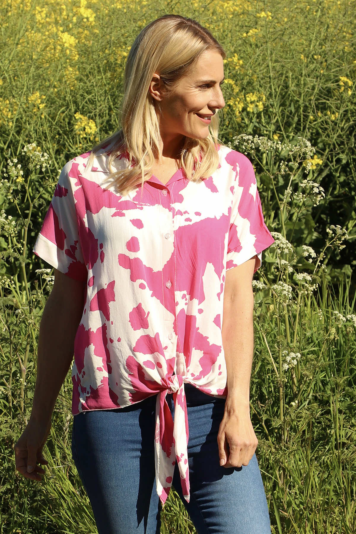 Edna Print Tie Shirt Fuchsia