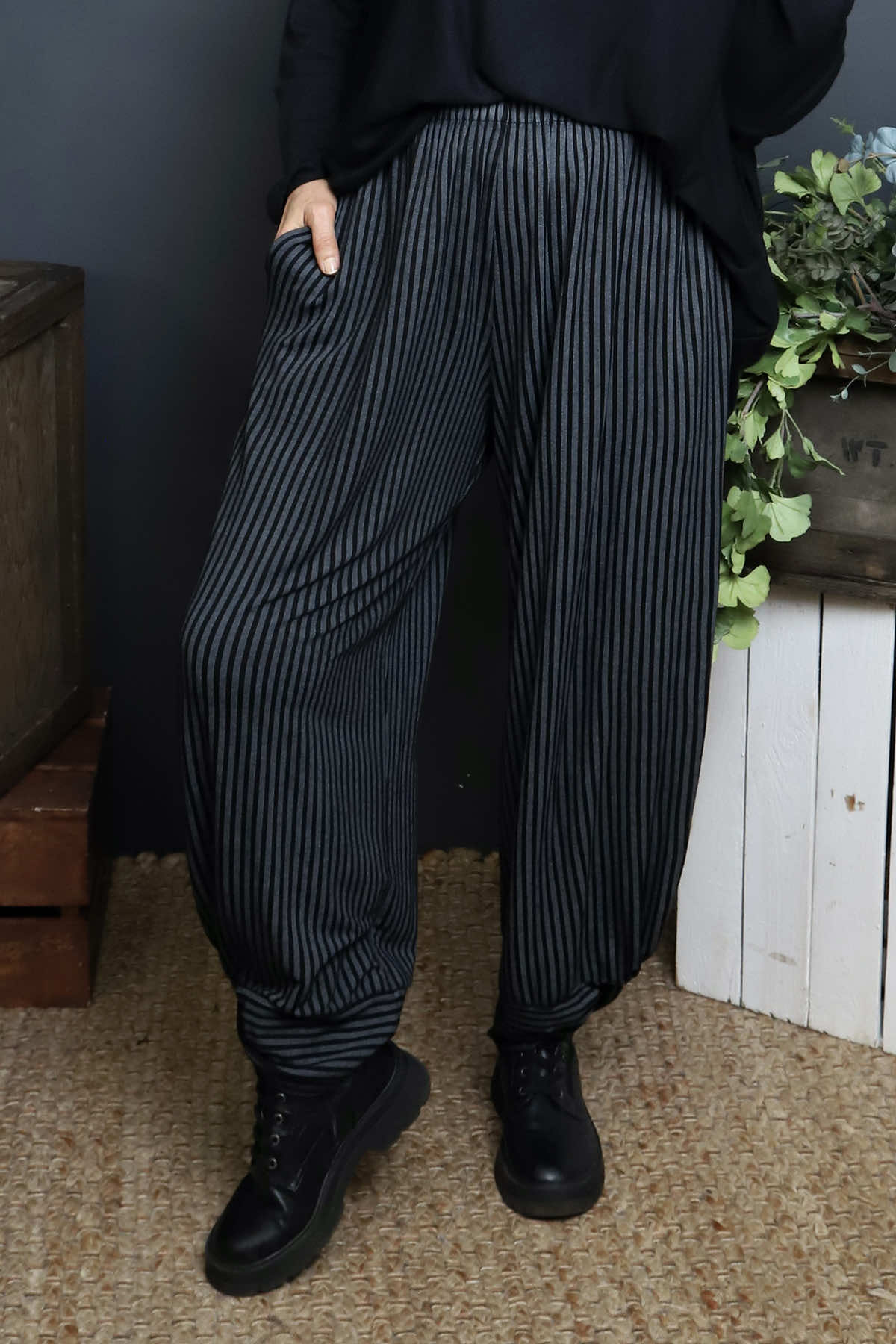 Jacinda Stripe Cotton Trousers Charcoal