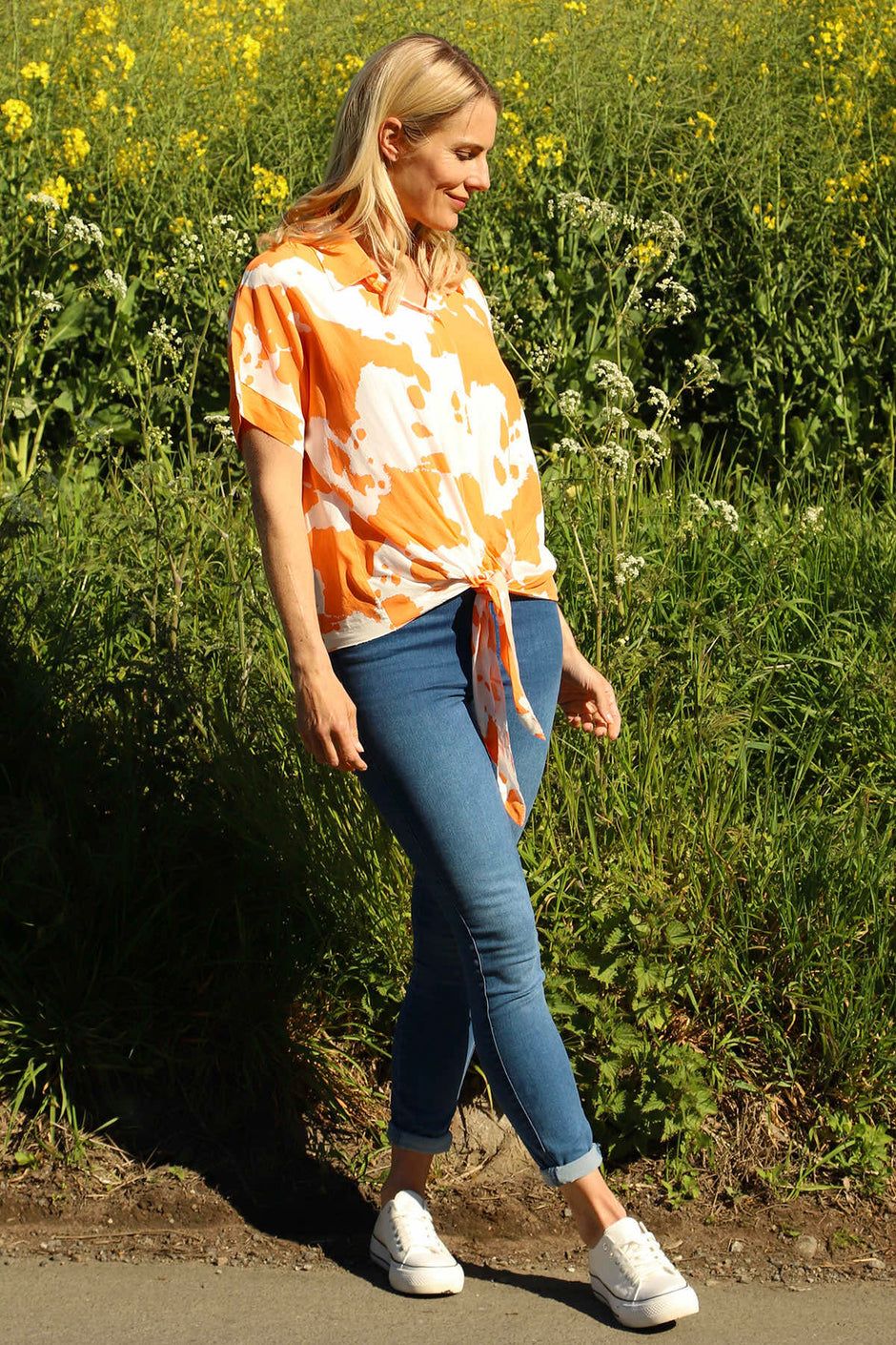 Edna Print Tie Shirt Orange