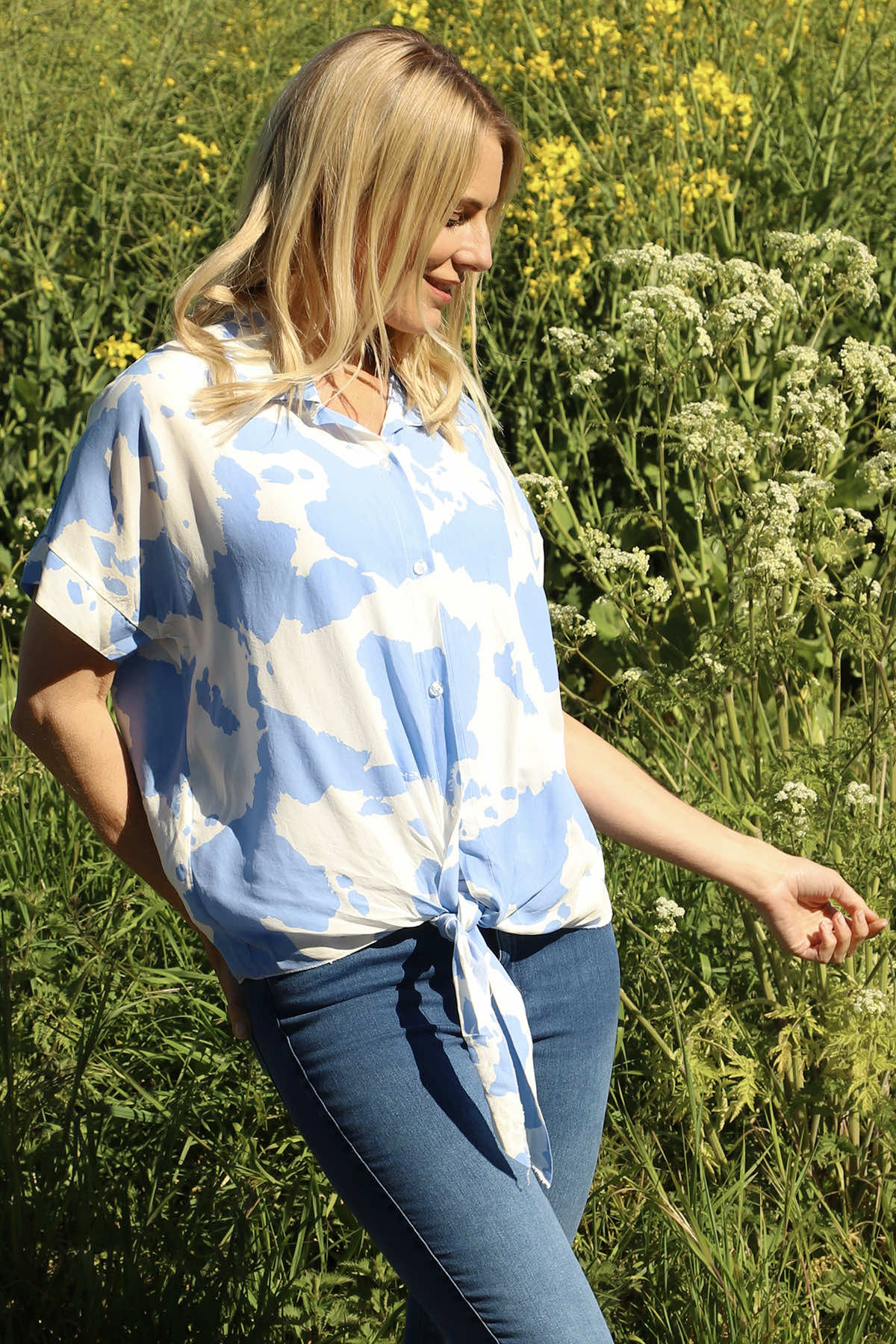 Edna Print Tie Shirt Powder Blue