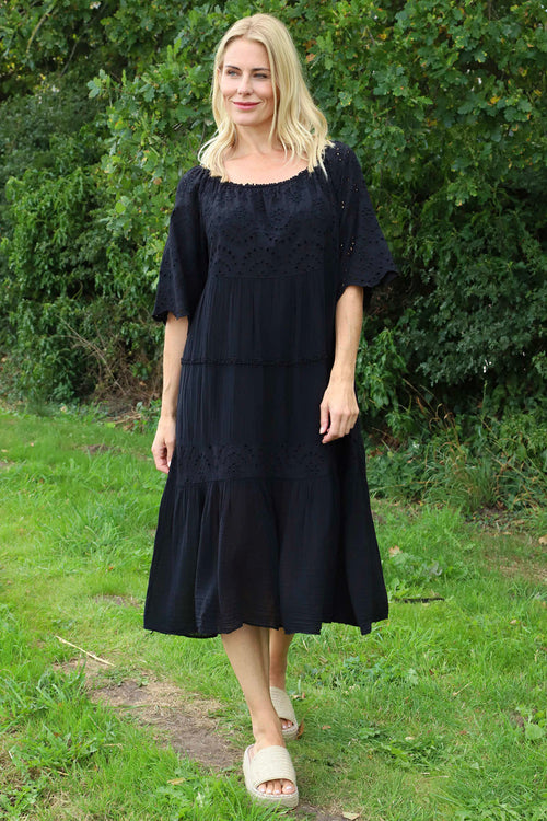 Nadia Broderie Anglaise Cotton Dress Black - Image 2