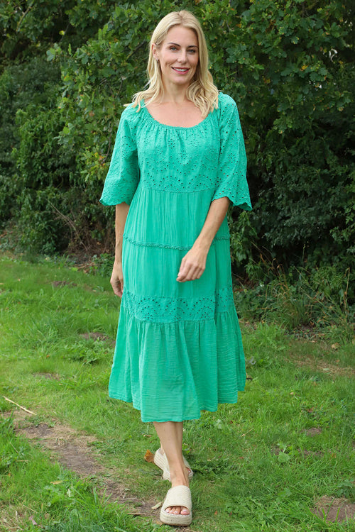 Nadia Broderie Anglaise Cotton Dress Emerald - Image 2