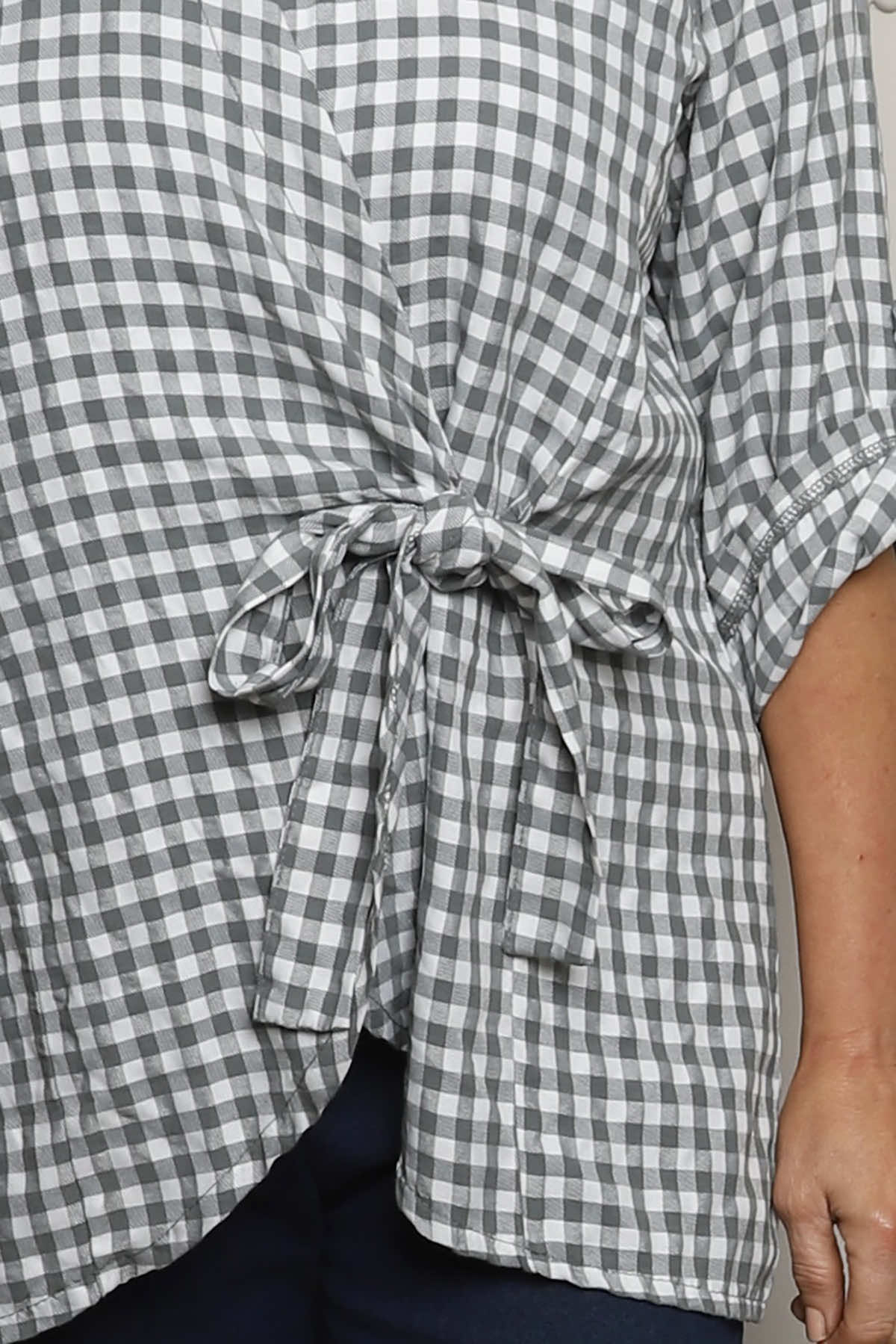 Shyla Gingham Wrap Cotton Top Mid Grey