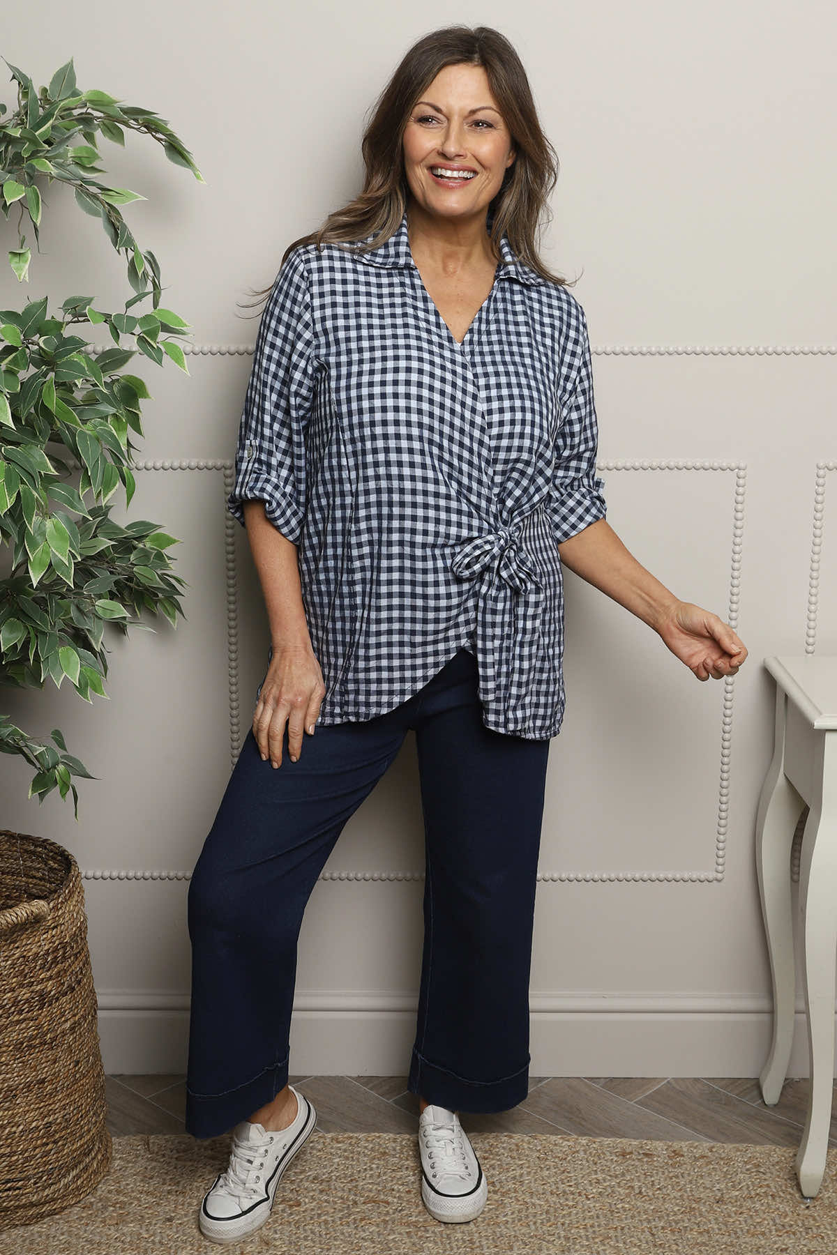 Shyla Gingham Wrap Cotton Top Navy