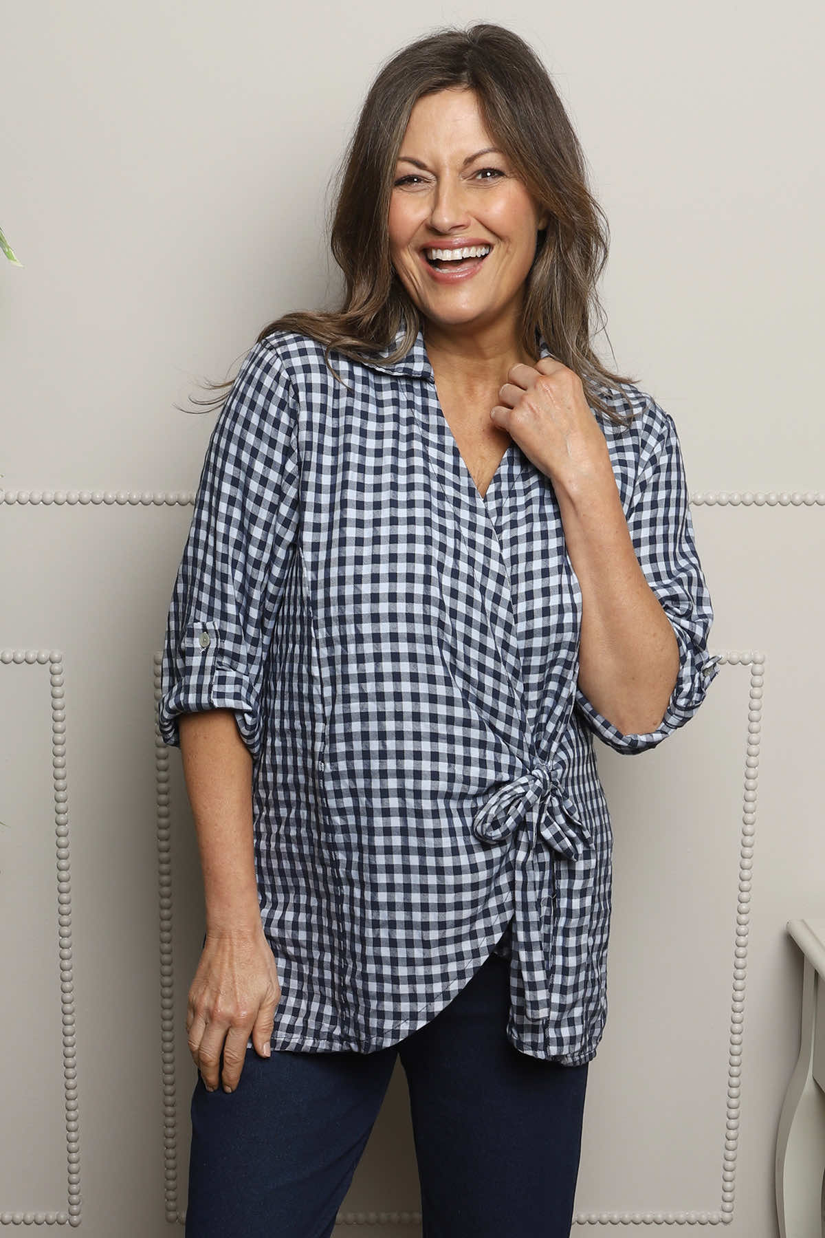 Shyla Gingham Wrap Cotton Top Navy
