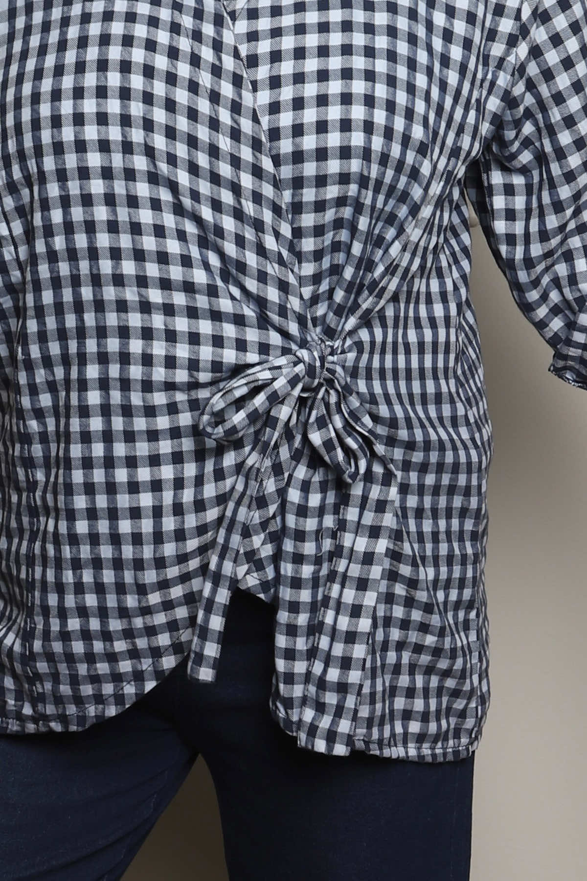 Shyla Gingham Wrap Cotton Top Navy