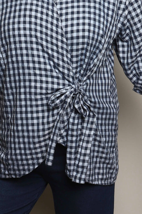 Shyla Gingham Wrap Cotton Top Navy - Image 3