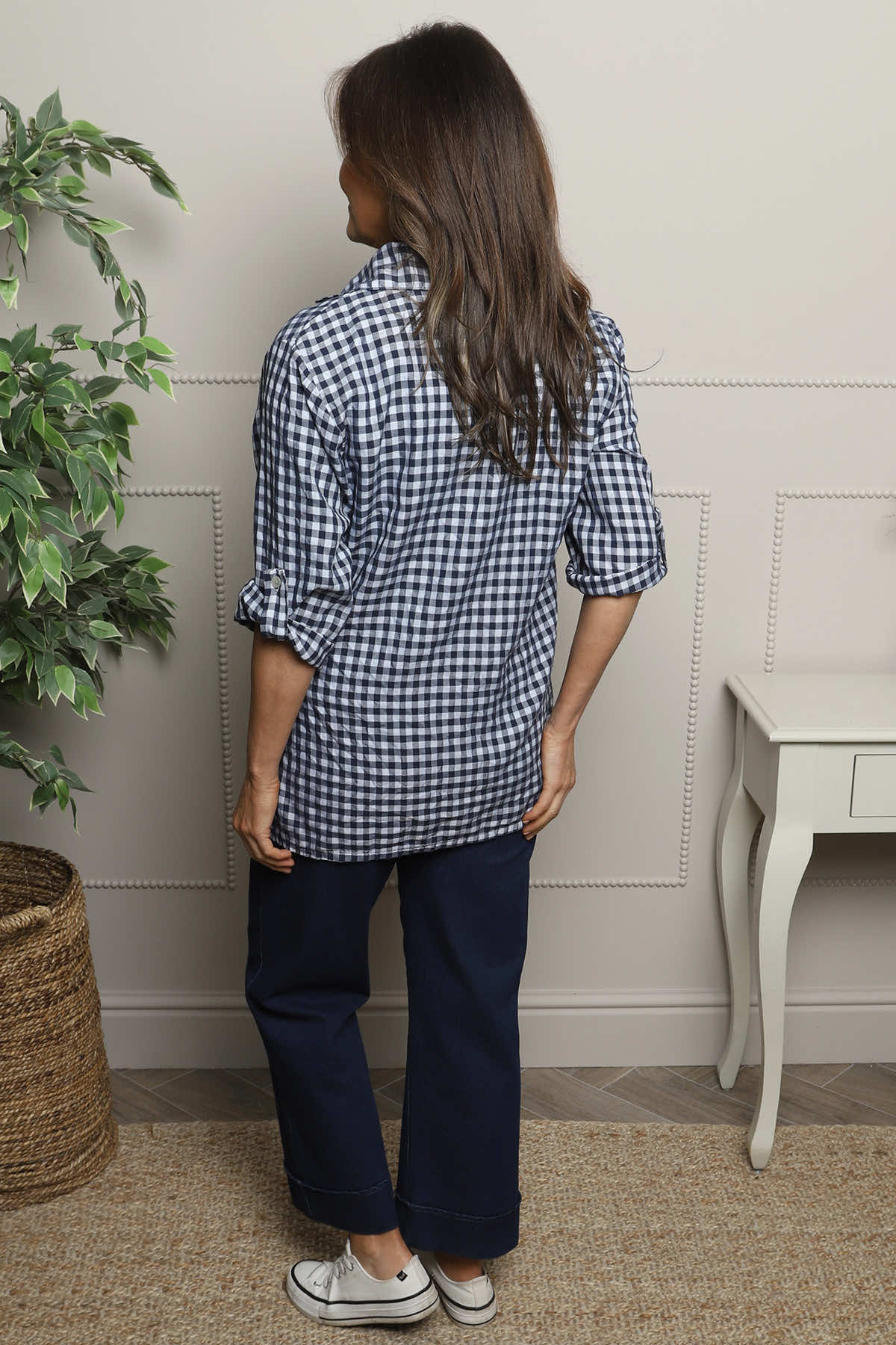 Shyla Gingham Wrap Cotton Top Navy