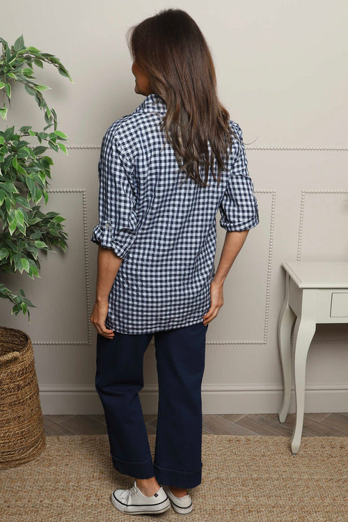 Shyla Gingham Wrap Cotton Top Navy - Image 4