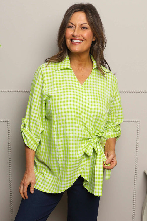 Shyla Gingham Wrap Cotton Top Lime - Image 1