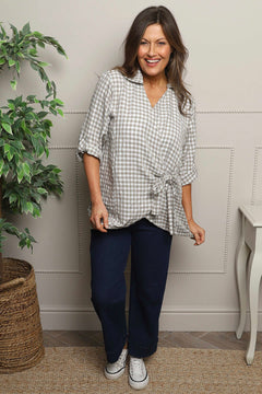 Shyla Gingham Wrap Cotton Top Mocha