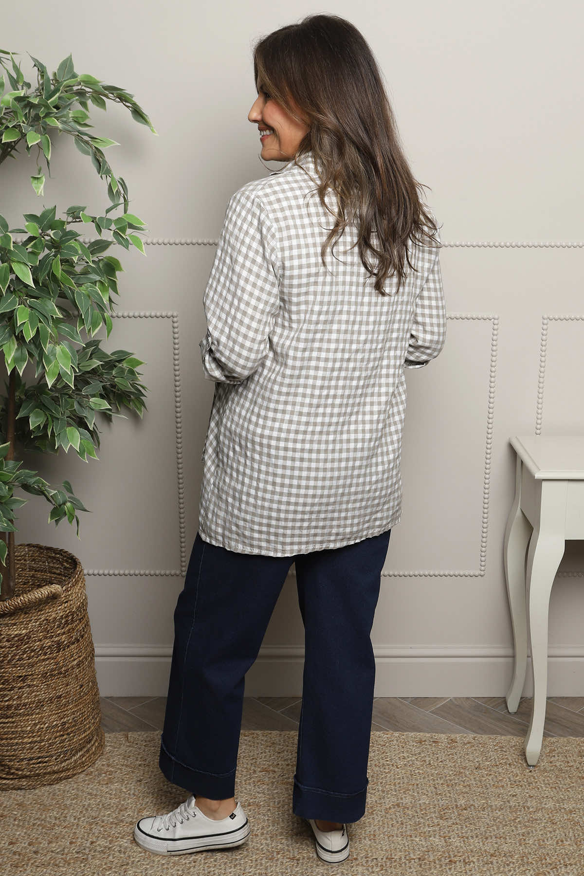 Shyla Gingham Wrap Cotton Top Mocha