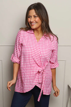 Shyla Gingham Wrap Cotton Top Fuchsia