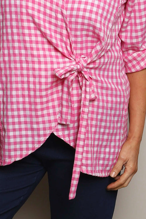 Shyla Gingham Wrap Cotton Top Fuchsia - Image 3
