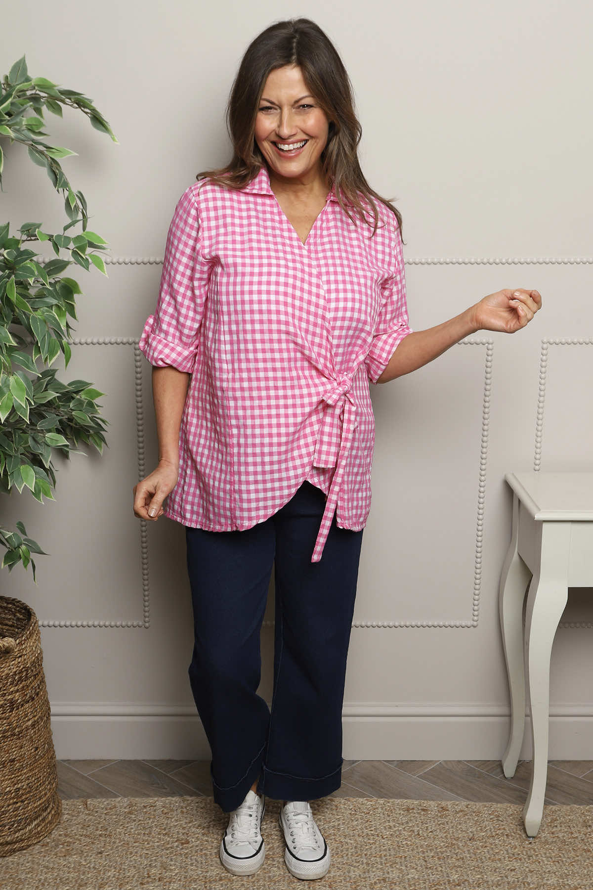 Shyla Gingham Wrap Cotton Top Fuchsia