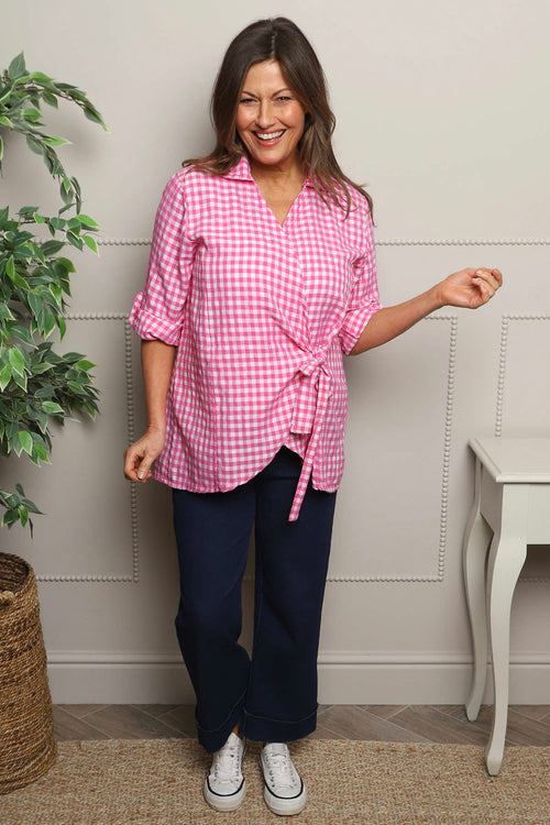 Shyla Gingham Wrap Cotton Top Fuchsia - Image 2