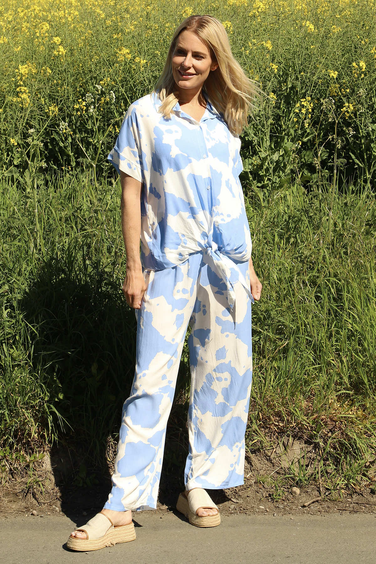 Edna Print Tie Shirt Powder Blue