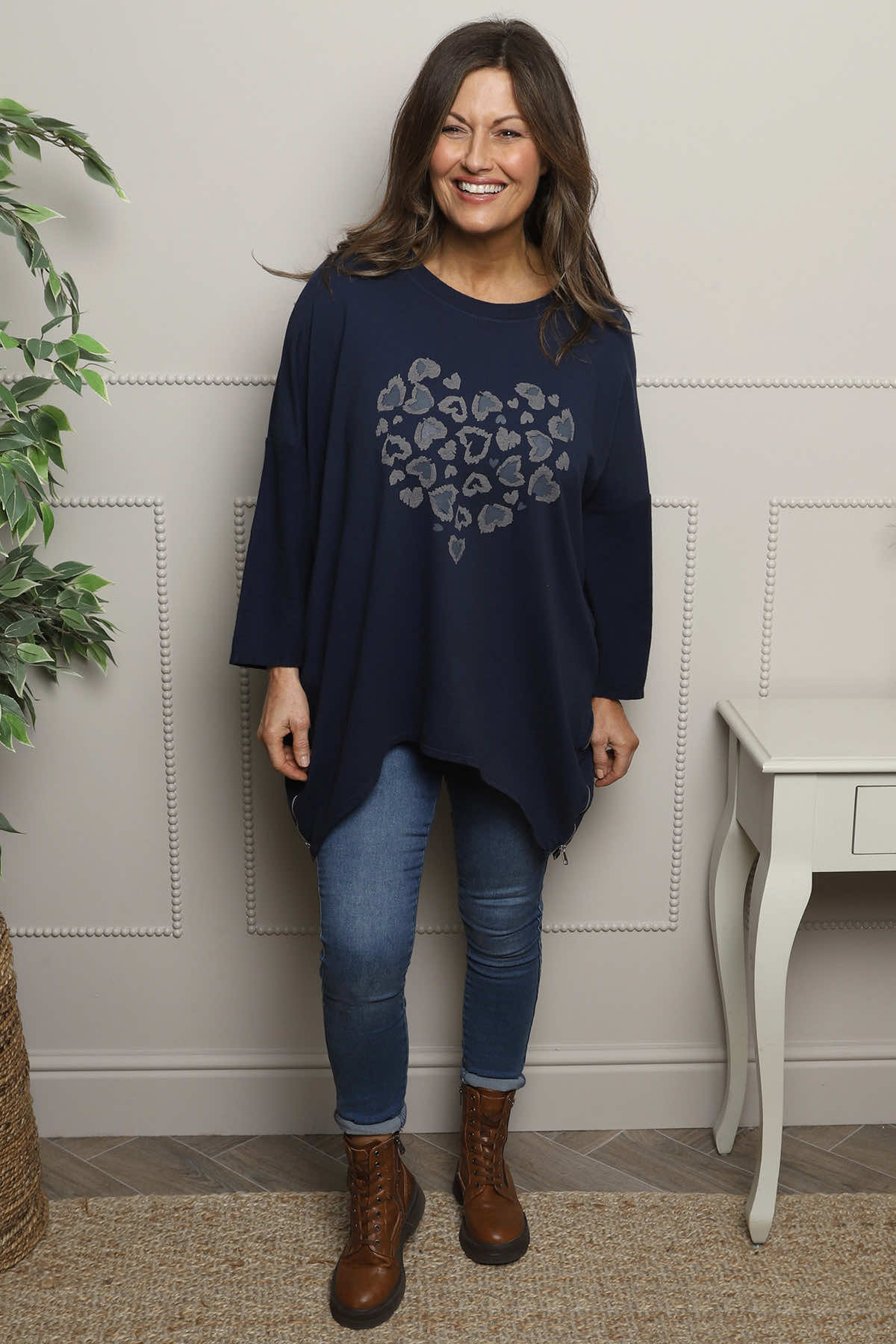 Evette Heart Cotton Top Dark Navy