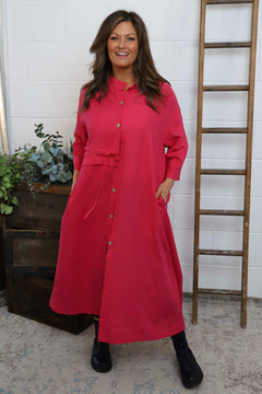 Sienna Button Linen Dress Fuchsia