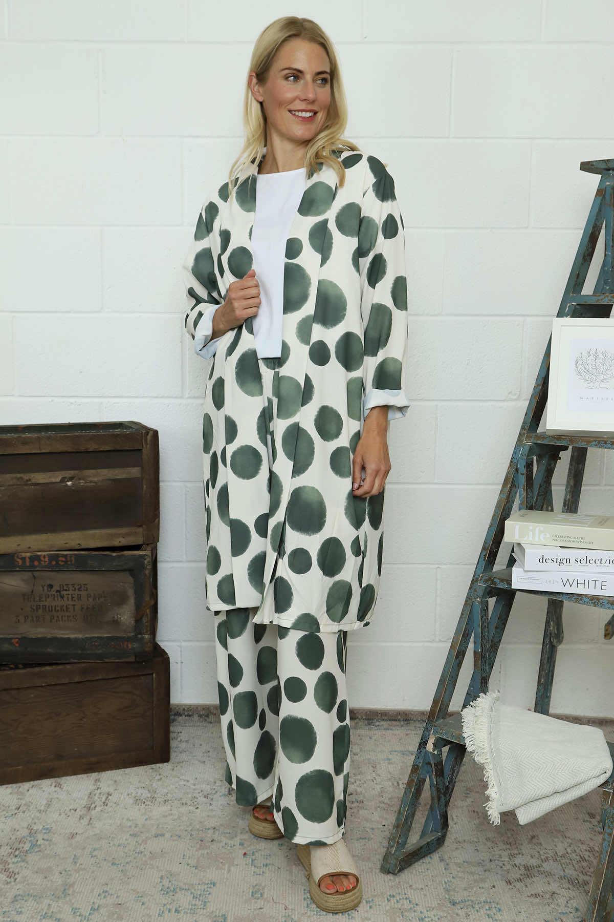 Hetty Wide Leg Print Trousers Khaki