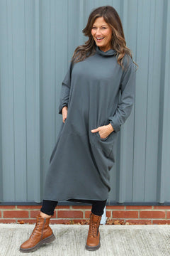 Lisanne Cowl Neck Cotton Dress Charcoal
