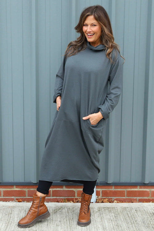 Lisanne Cowl Neck Cotton Dress Charcoal - Image 1