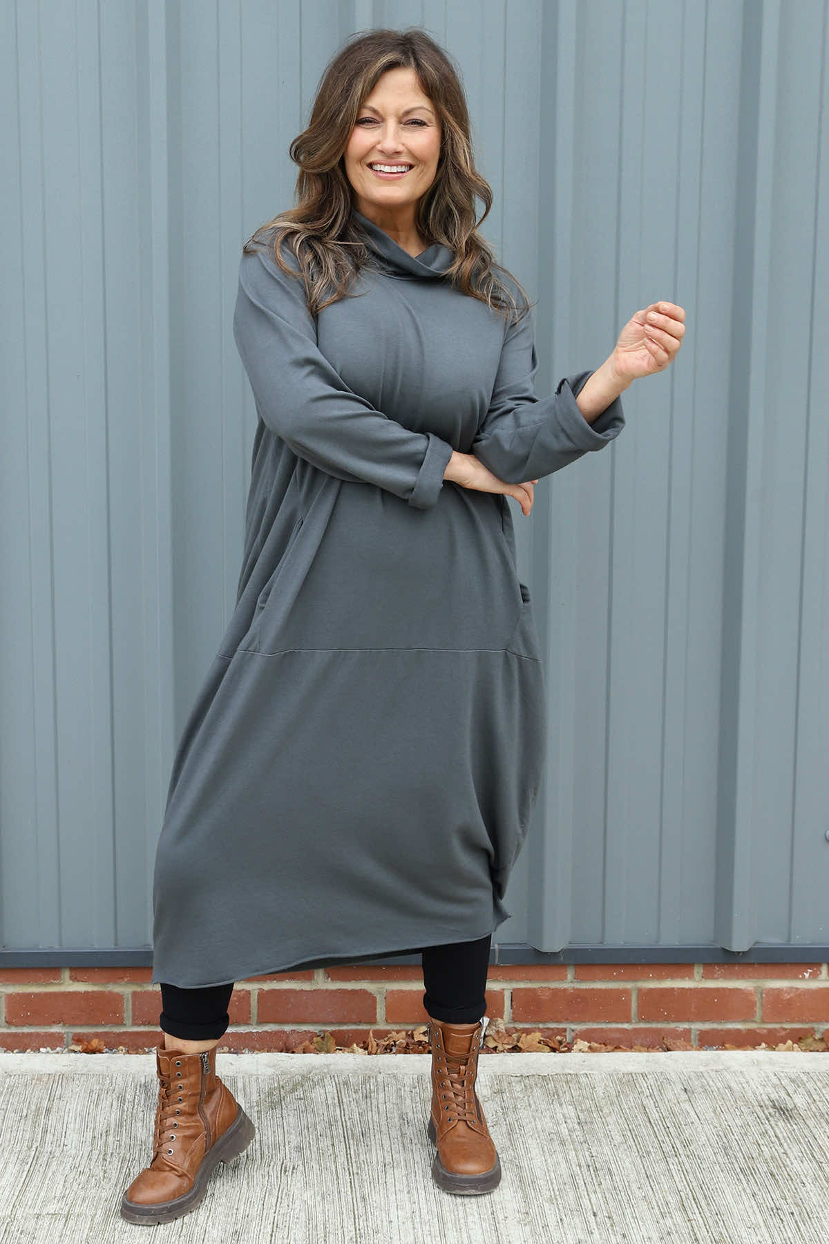 Lisanne Cowl Neck Cotton Dress Charcoal
