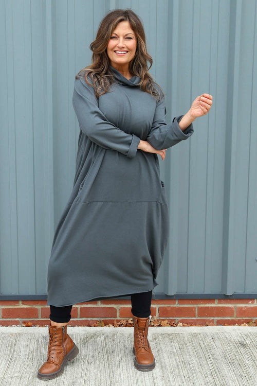 Lisanne Cowl Neck Cotton Dress Charcoal - Image 2