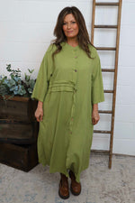 Sienna Button Linen Dress Olive Olive - Sienna Button Linen Dress Olive