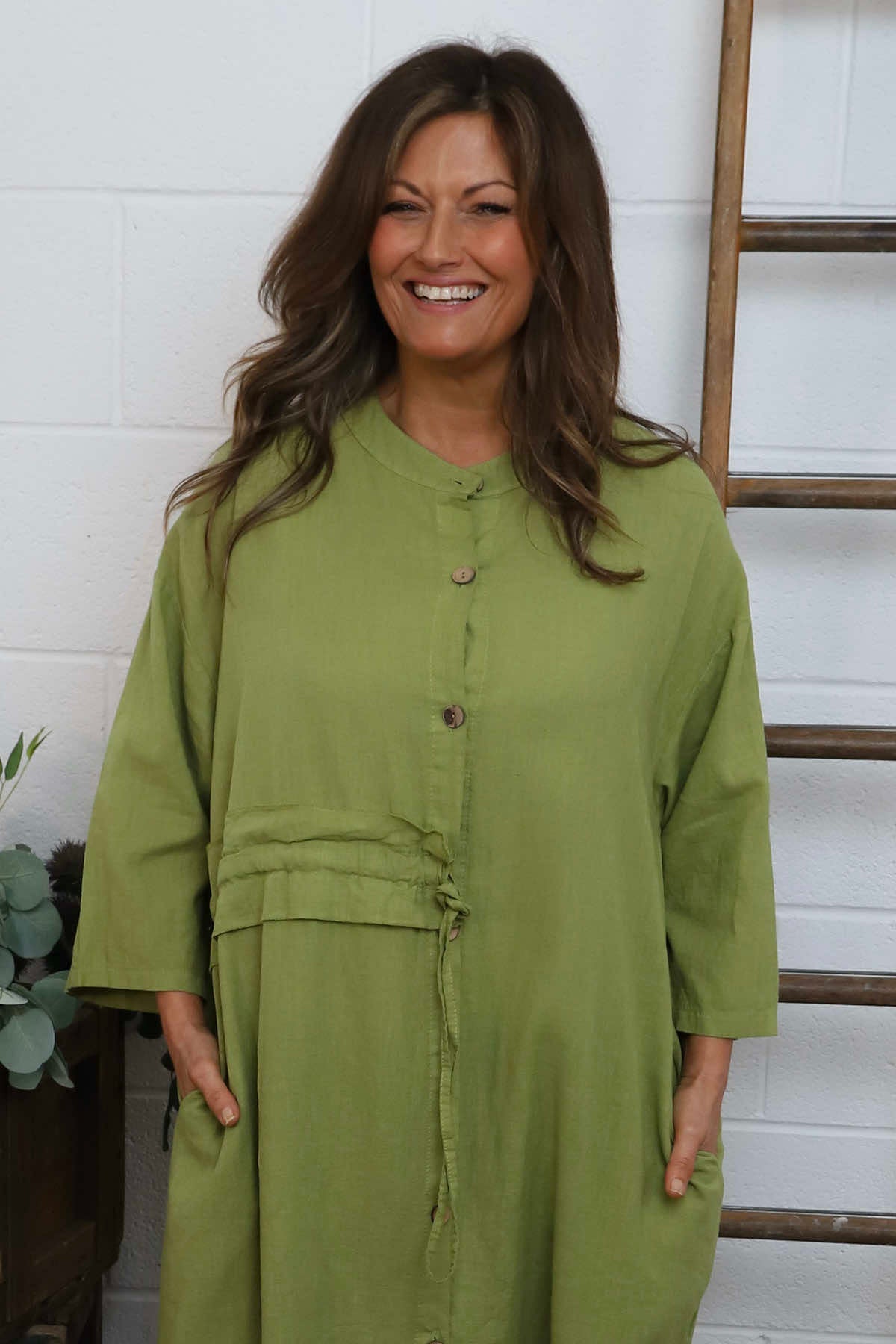 Sienna Button Linen Dress Olive