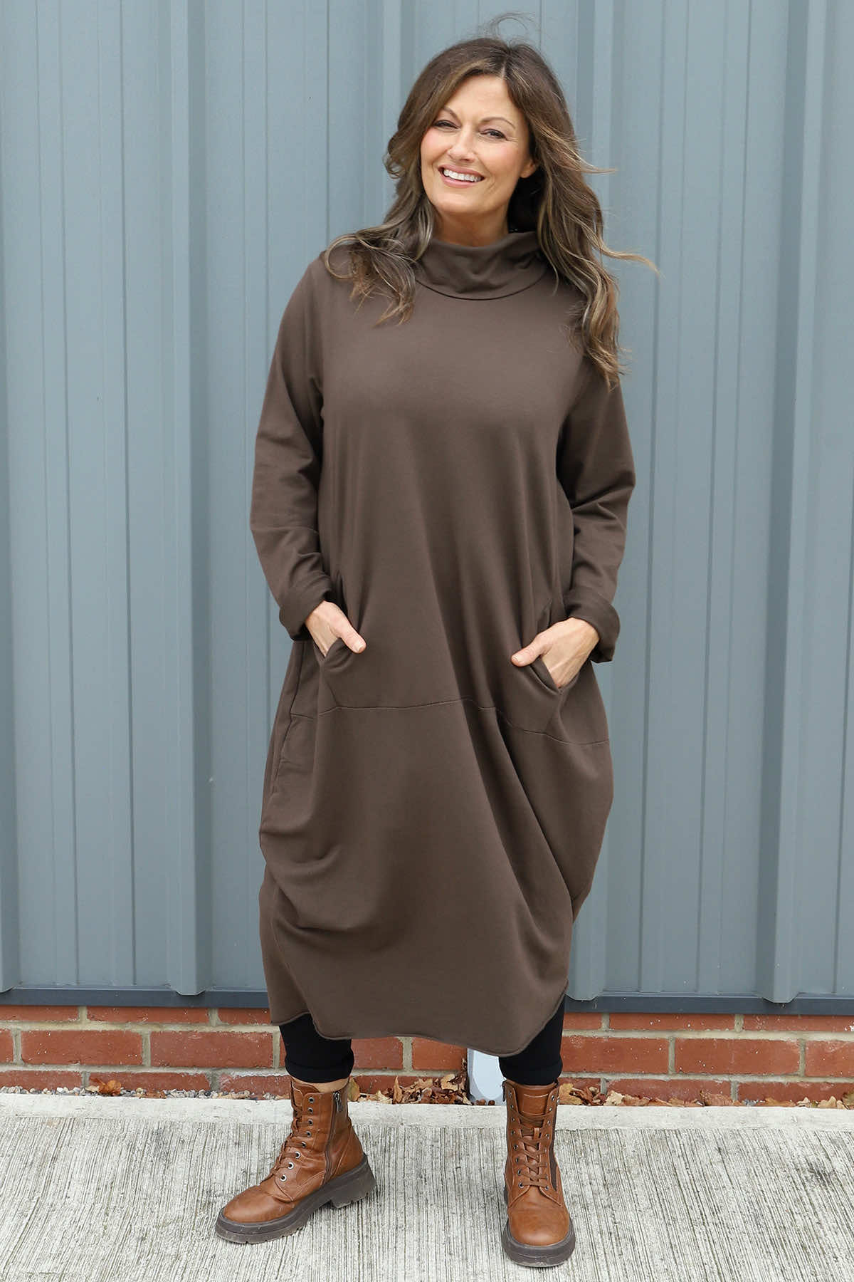 Lisanne Cowl Neck Cotton Dress Cocoa