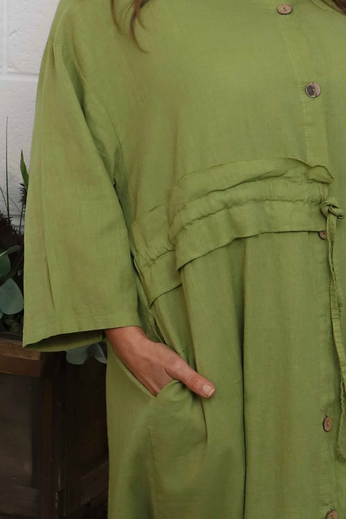 Sienna Button Linen Dress Olive