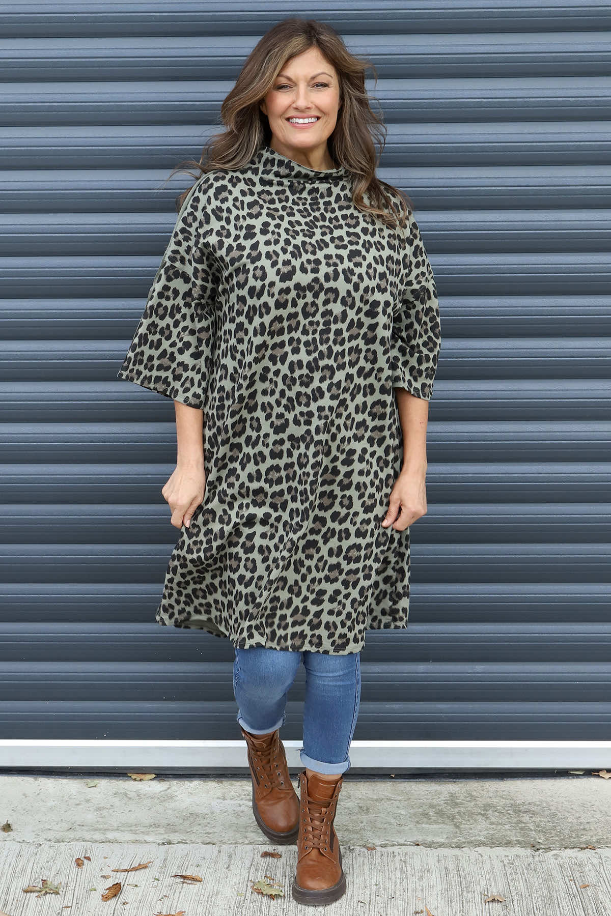 Melodie Leopard Print Cotton Tunic Khaki