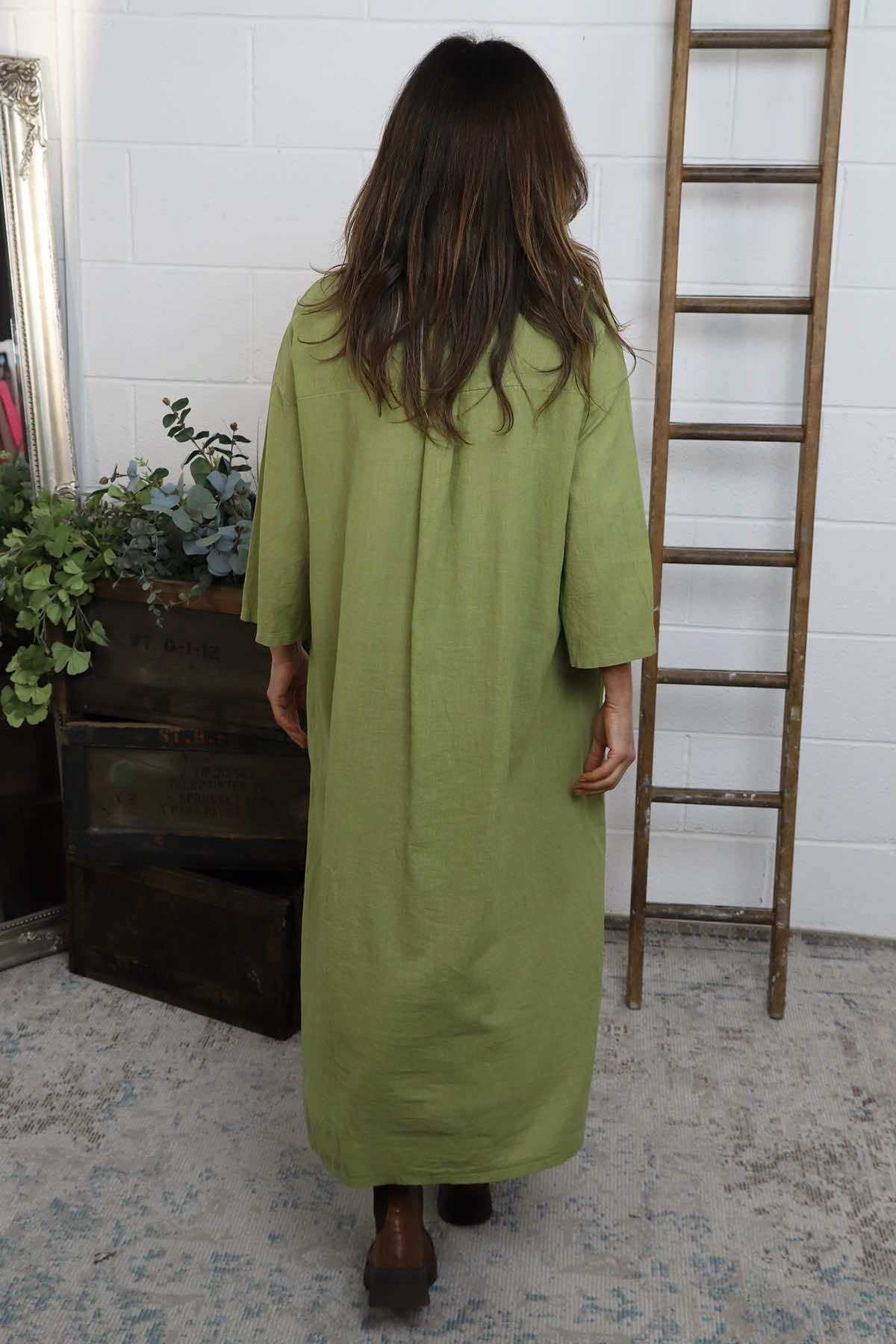 Sienna Button Linen Dress Olive