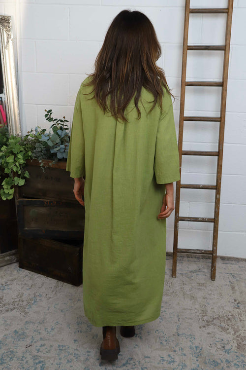 Sienna Button Linen Dress Olive - Image 4